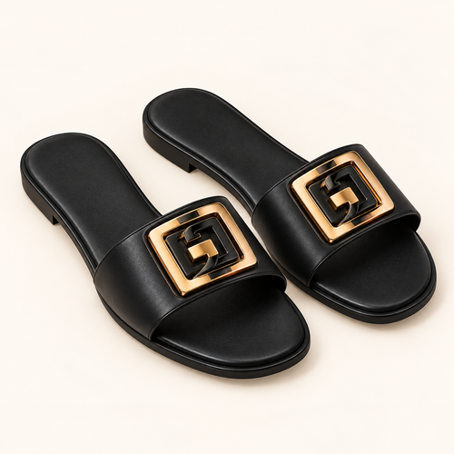 black buckle sandals on neutral background