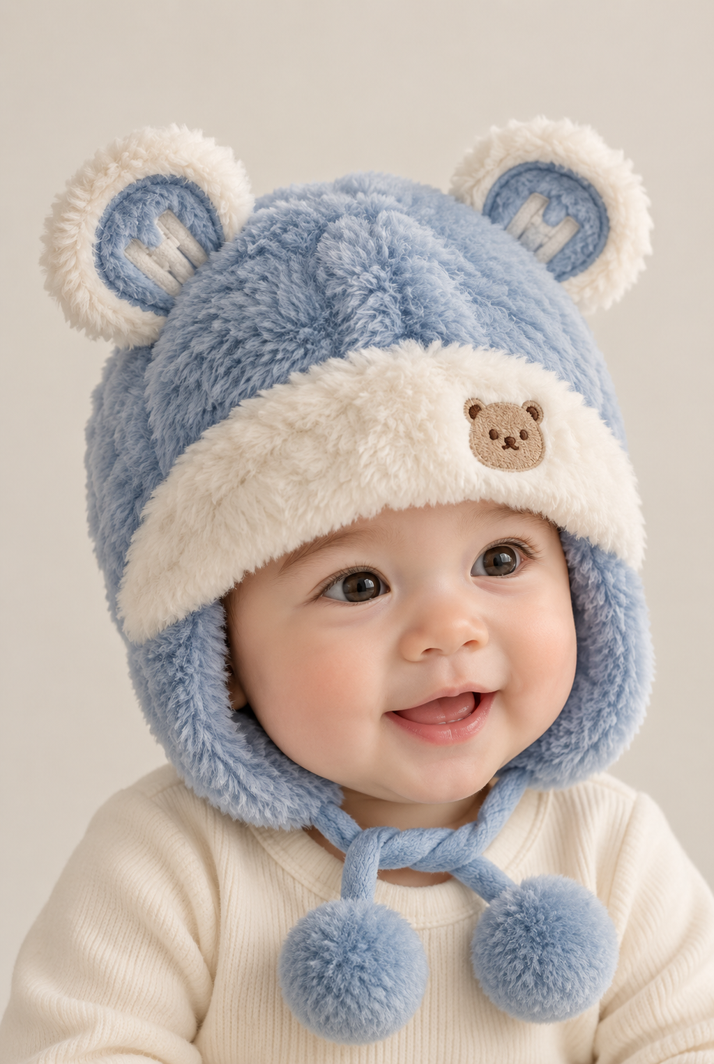 Baby wearing blue plush bear-ear hat, front view