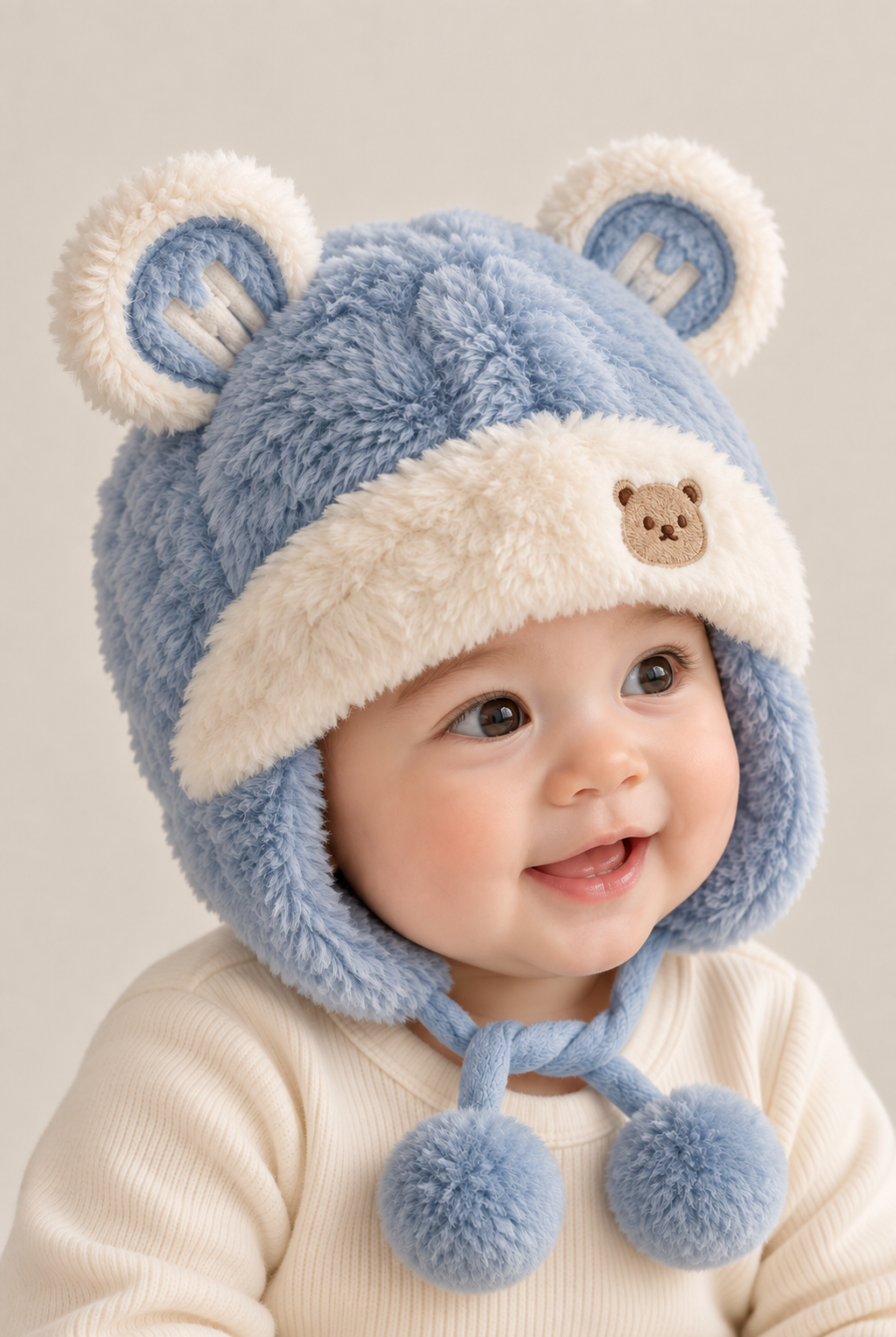 Baby wearing blue plush bear-ear hat, second view