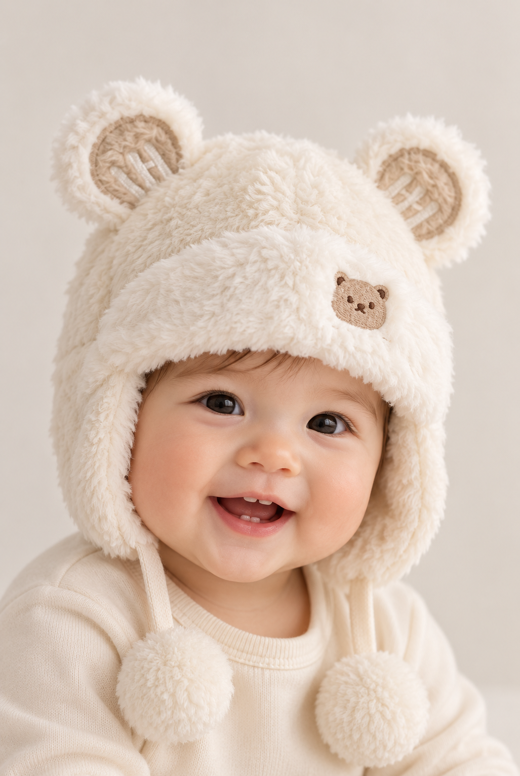 Baby wearing ivory plush bear-ear hat, front view