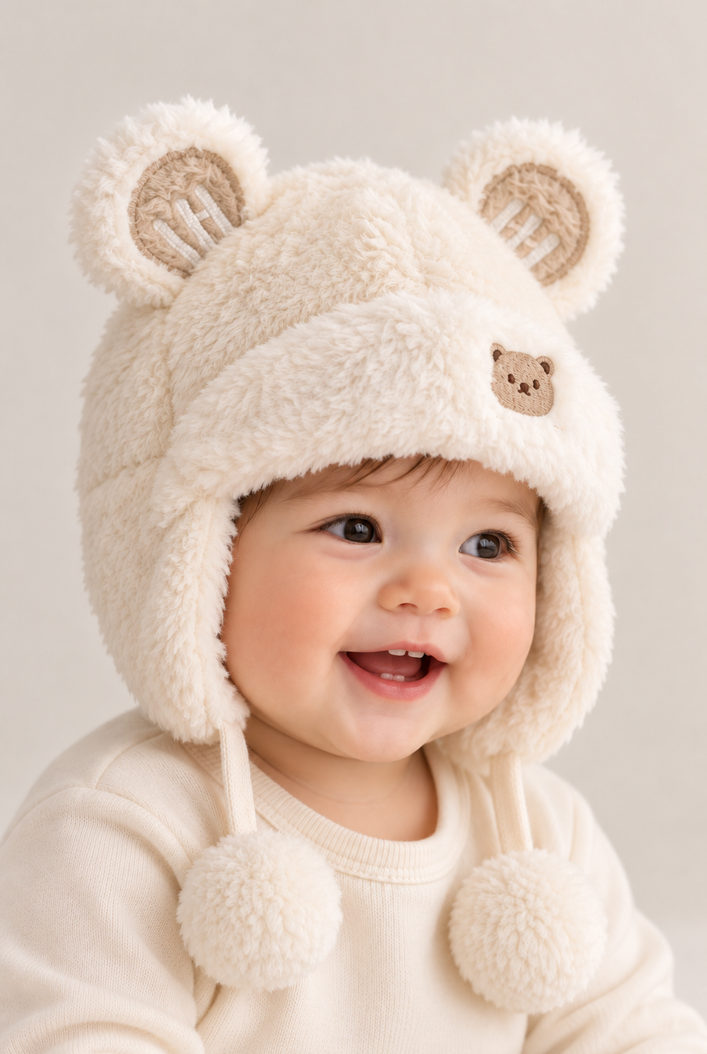 Baby wearing ivory plush bear-ear hat, second view