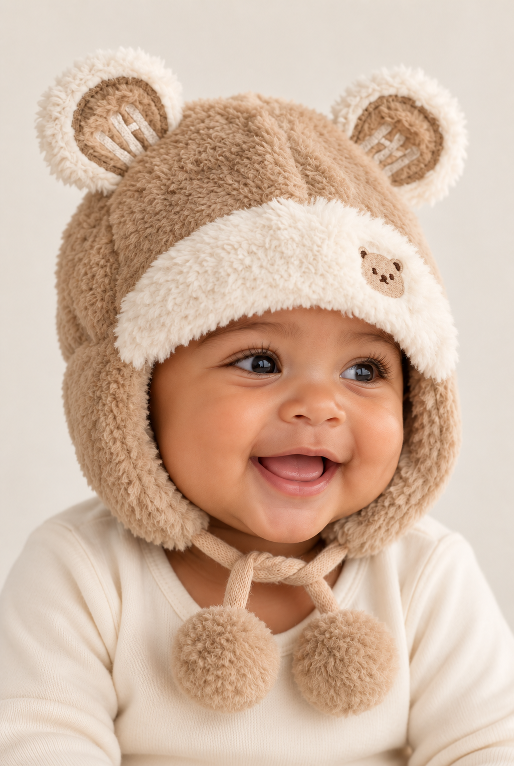 Baby wearing khaki plush bear-ear hat, second view