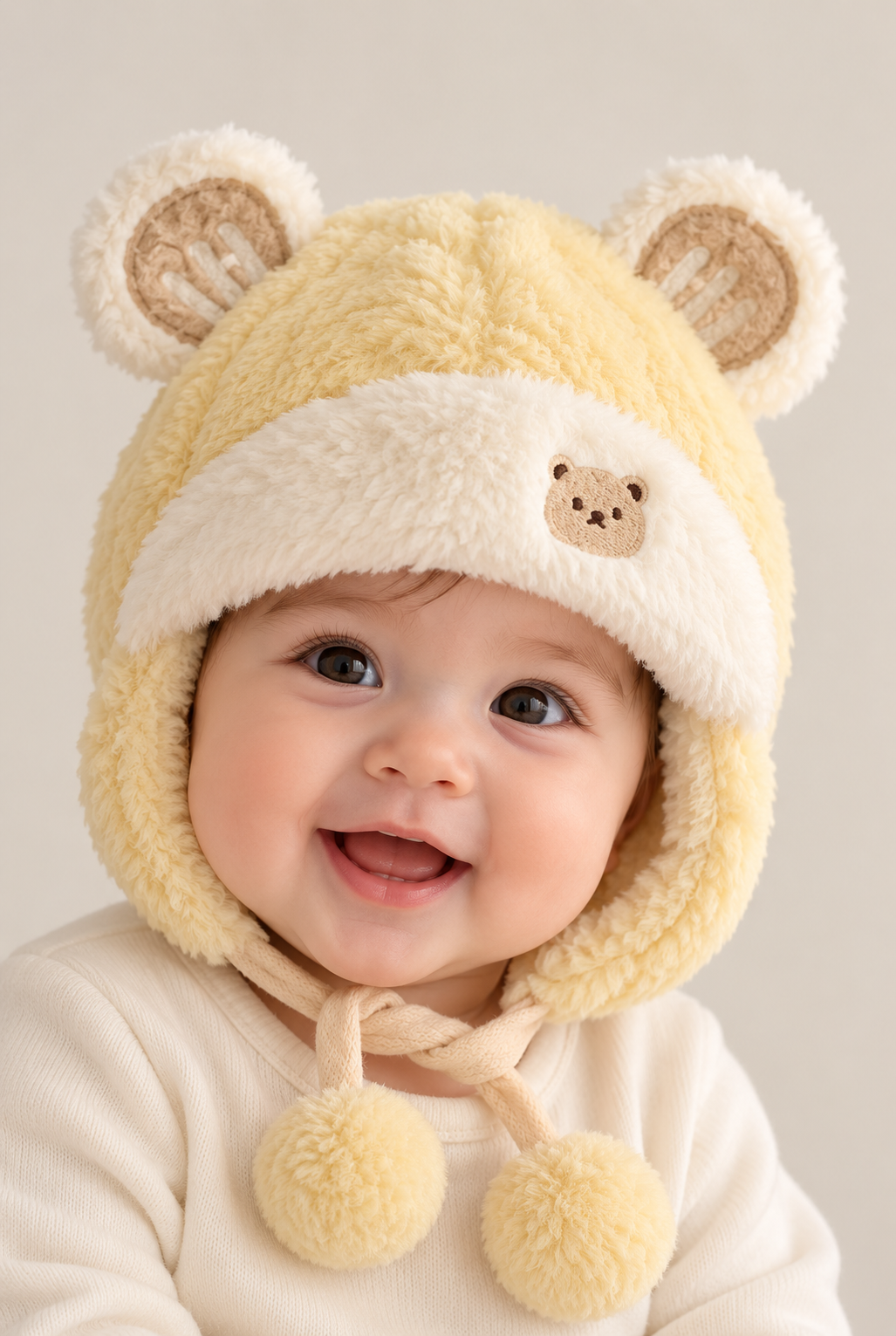 Baby wearing light yellow plush bear-ear hat, front view
