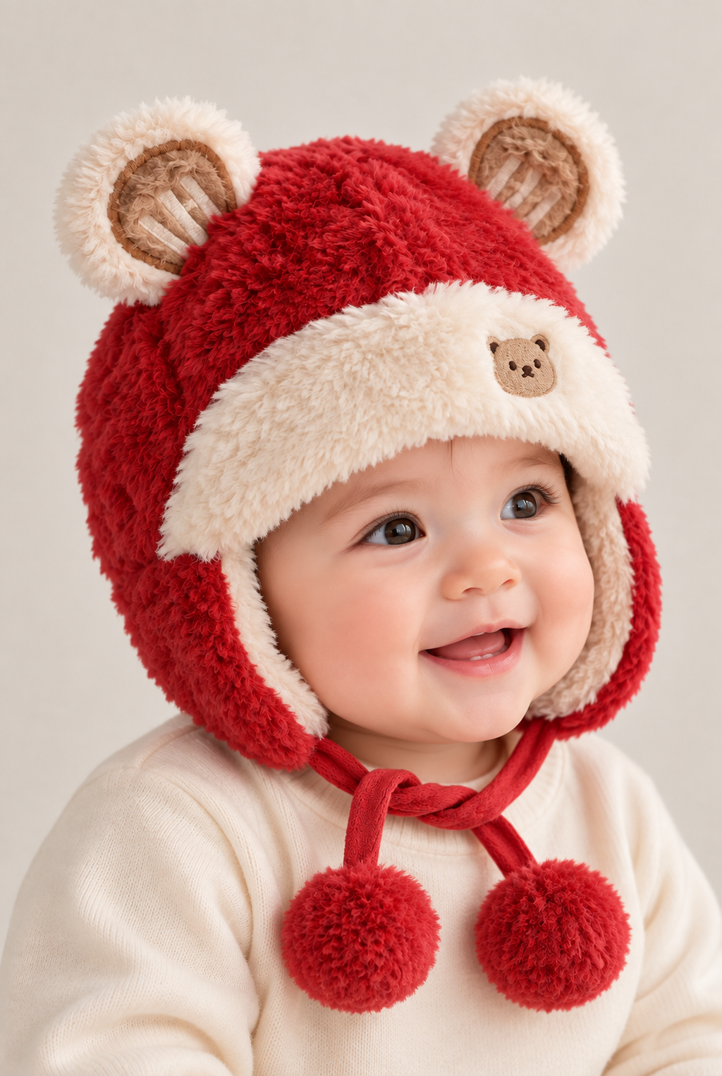Baby wearing light yellow plush bear-ear hat, second view