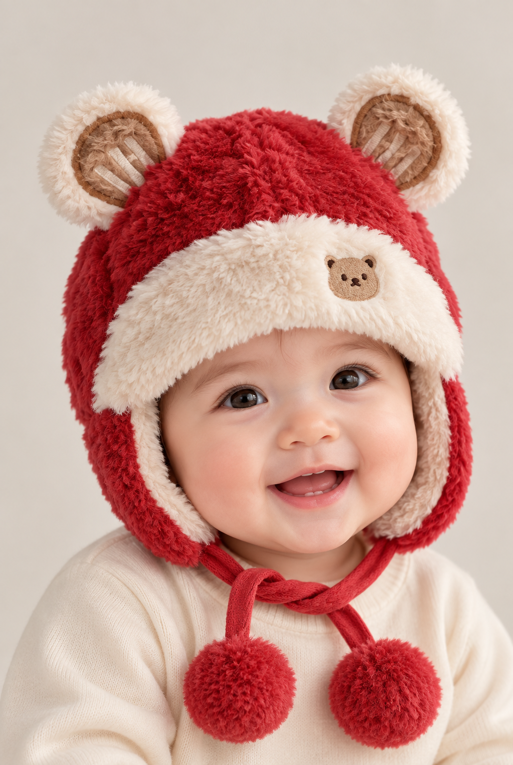 Baby wearing red plush bear-ear hat, front view