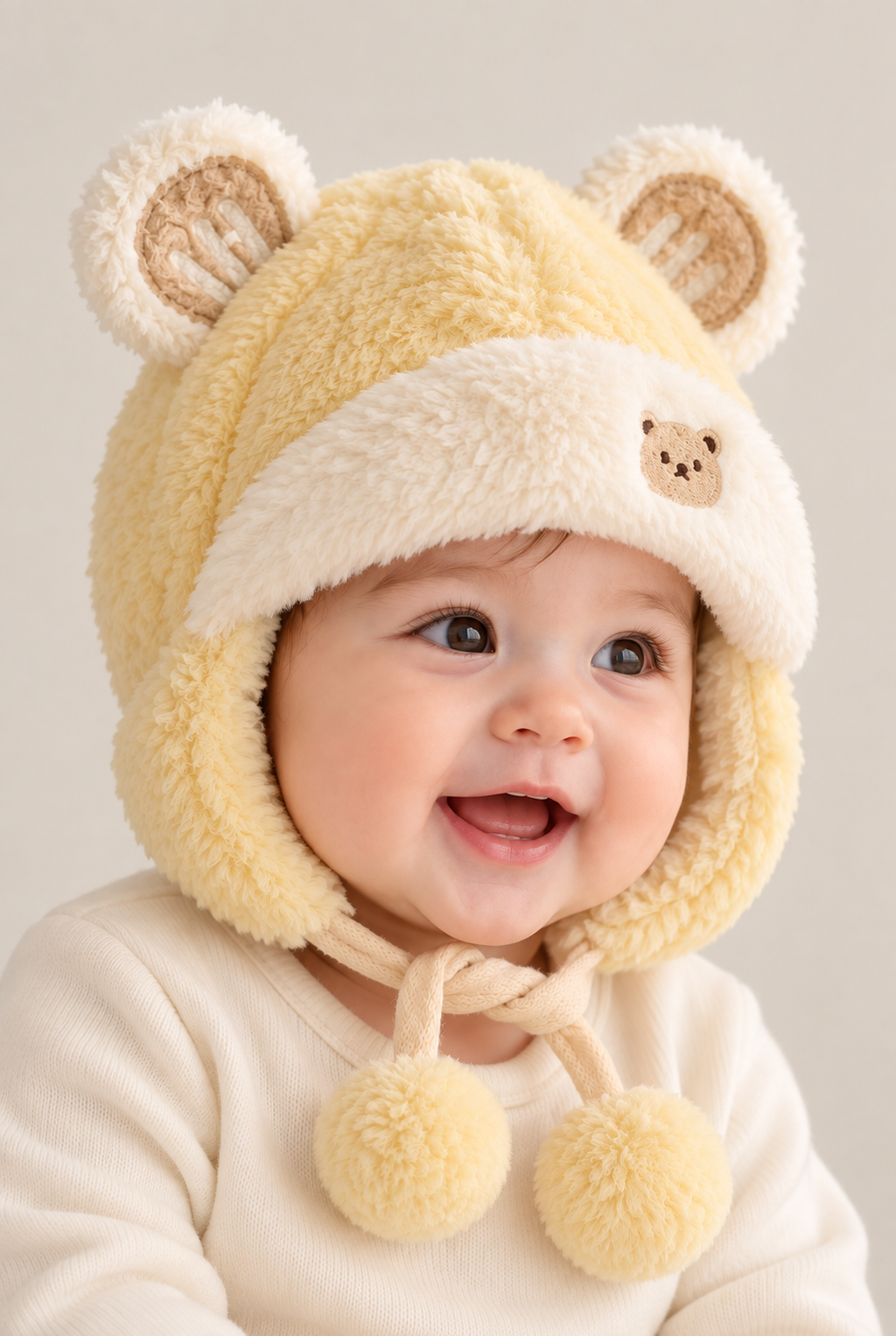 Baby wearing red plush bear-ear hat, second view