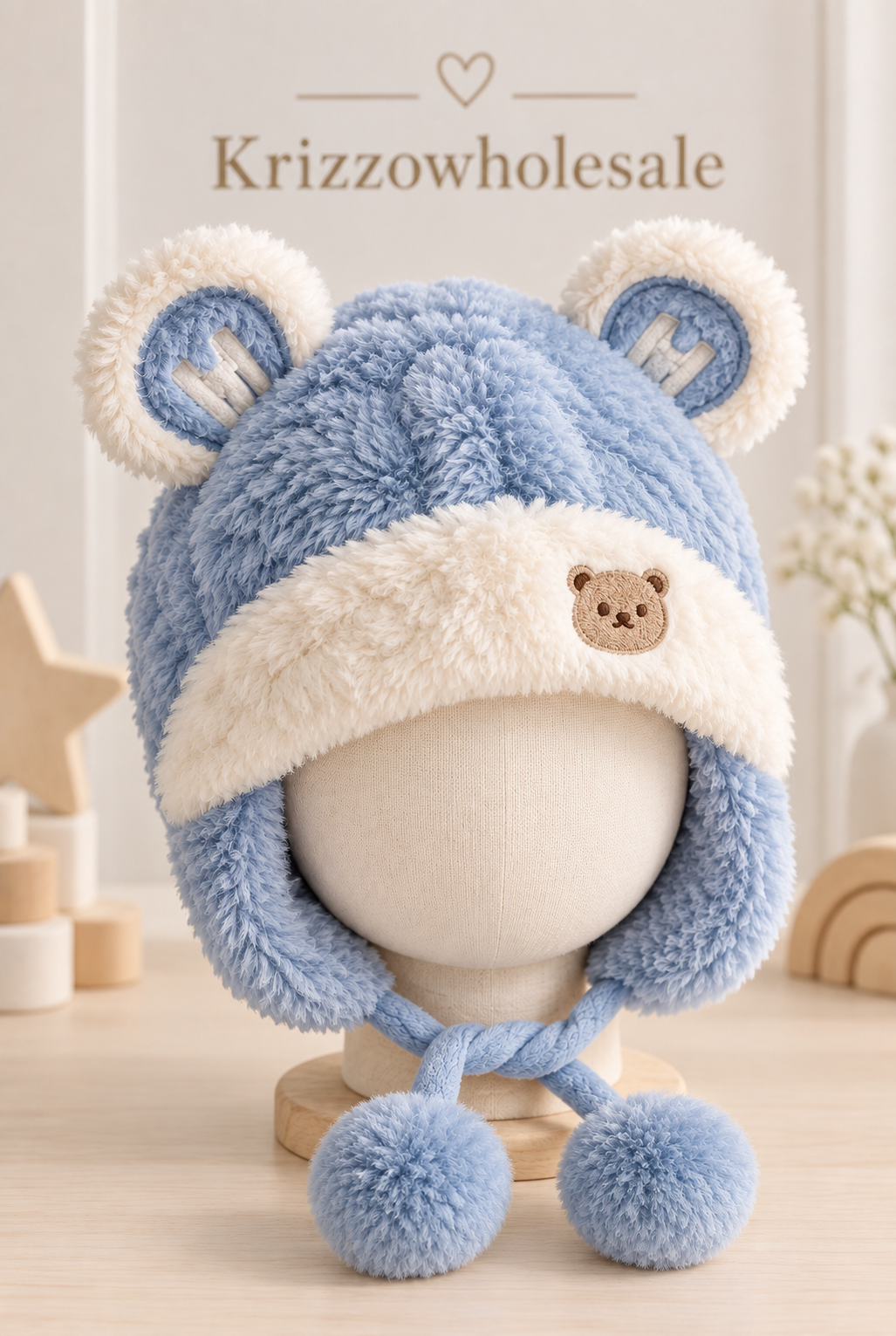Blue bear-ear baby hat on child mannequin