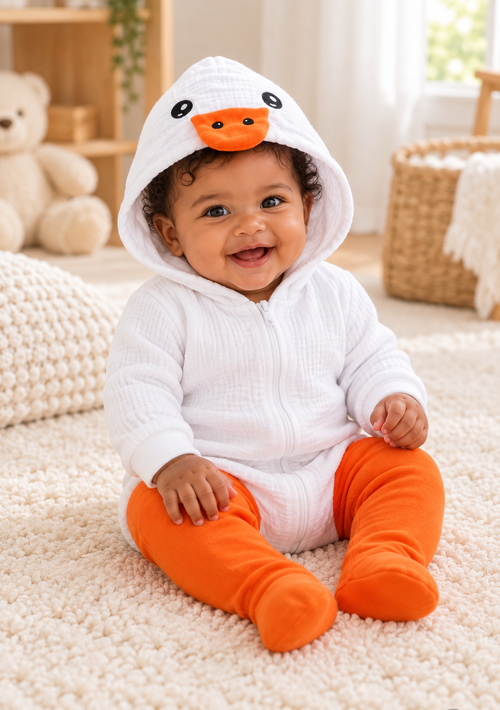 Baby Duck Hooded Romper with Orange Leg Covers on baby, front view