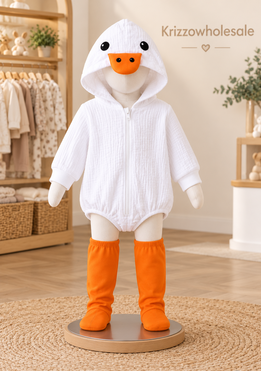 Duck romper and orange leg covers on child mannequin