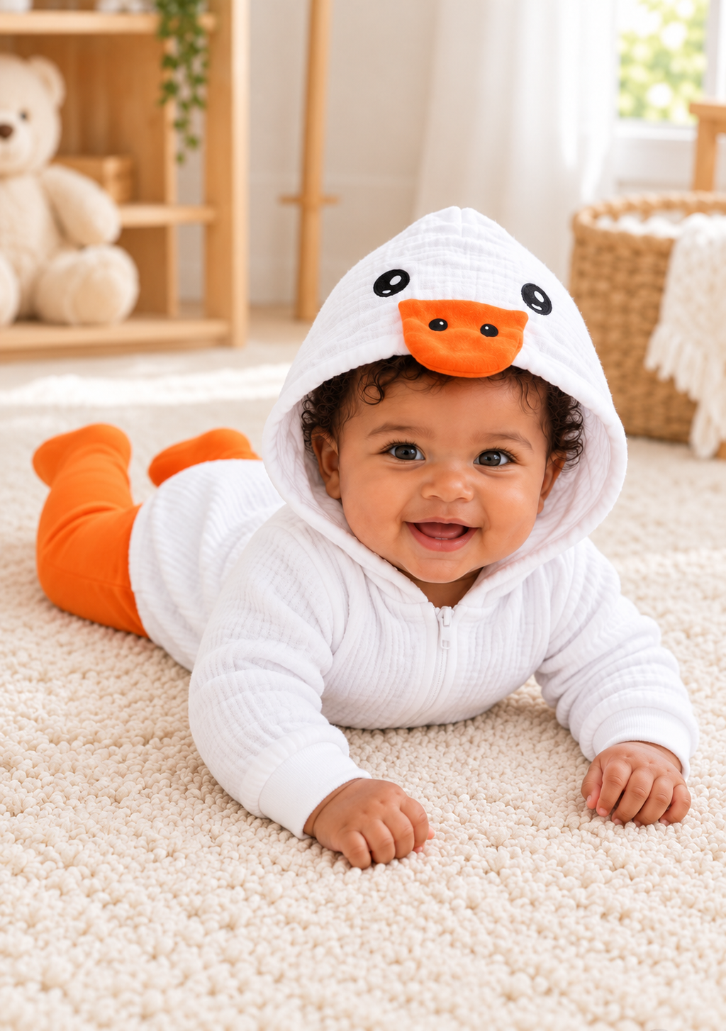 Baby Duck Hooded Romper with Orange Leg Covers on baby, second pose