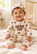 Baby Game Day Football Romper and Hat Set on baby, front view