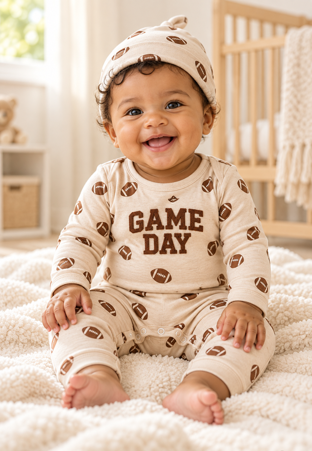 Baby Game Day Football Romper and Hat Set on baby, front view
