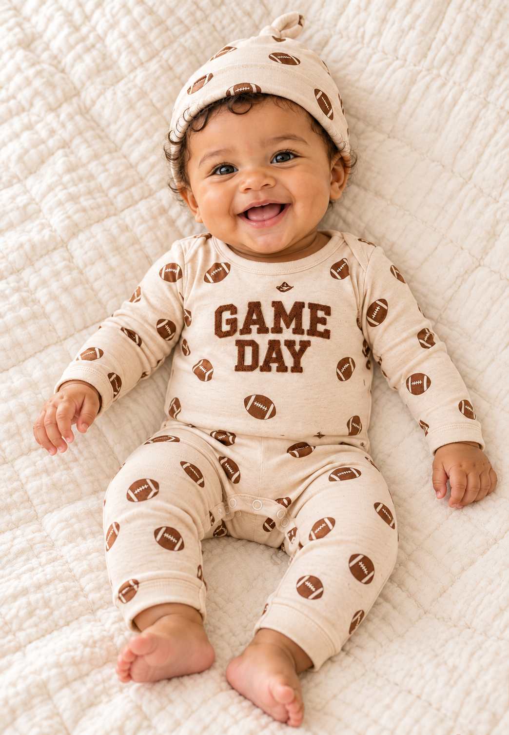 Baby Game Day Football Romper and Hat Set on baby, second pose