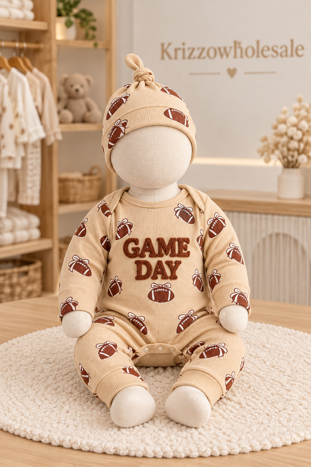 Game Day romper and matching hat on child mannequin
