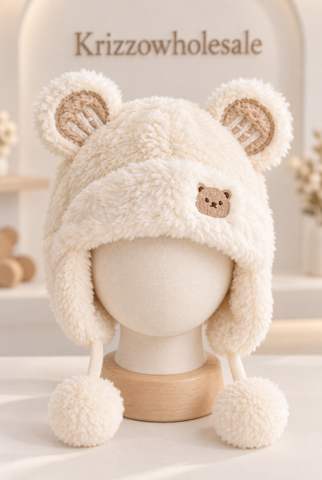 Ivory bear-ear baby hat on child mannequin