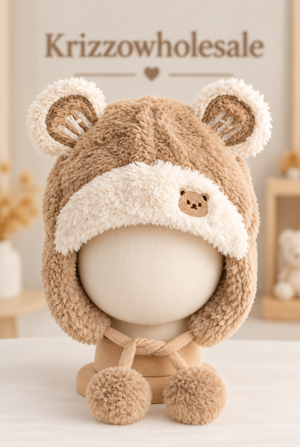 Khaki bear-ear baby hat on child mannequin