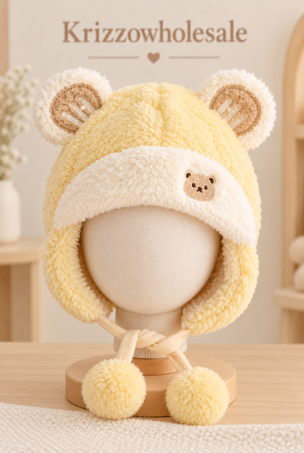 Red bear-ear baby hat on child mannequin