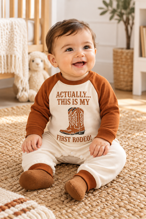 Baby First Rodeo Western One-Piece on baby, front view