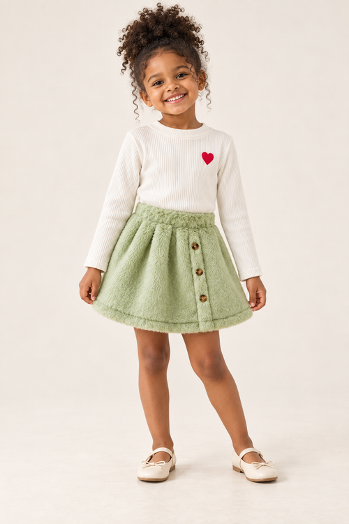 Conjunto de top con corazón y falda mullida color salvia para niñas