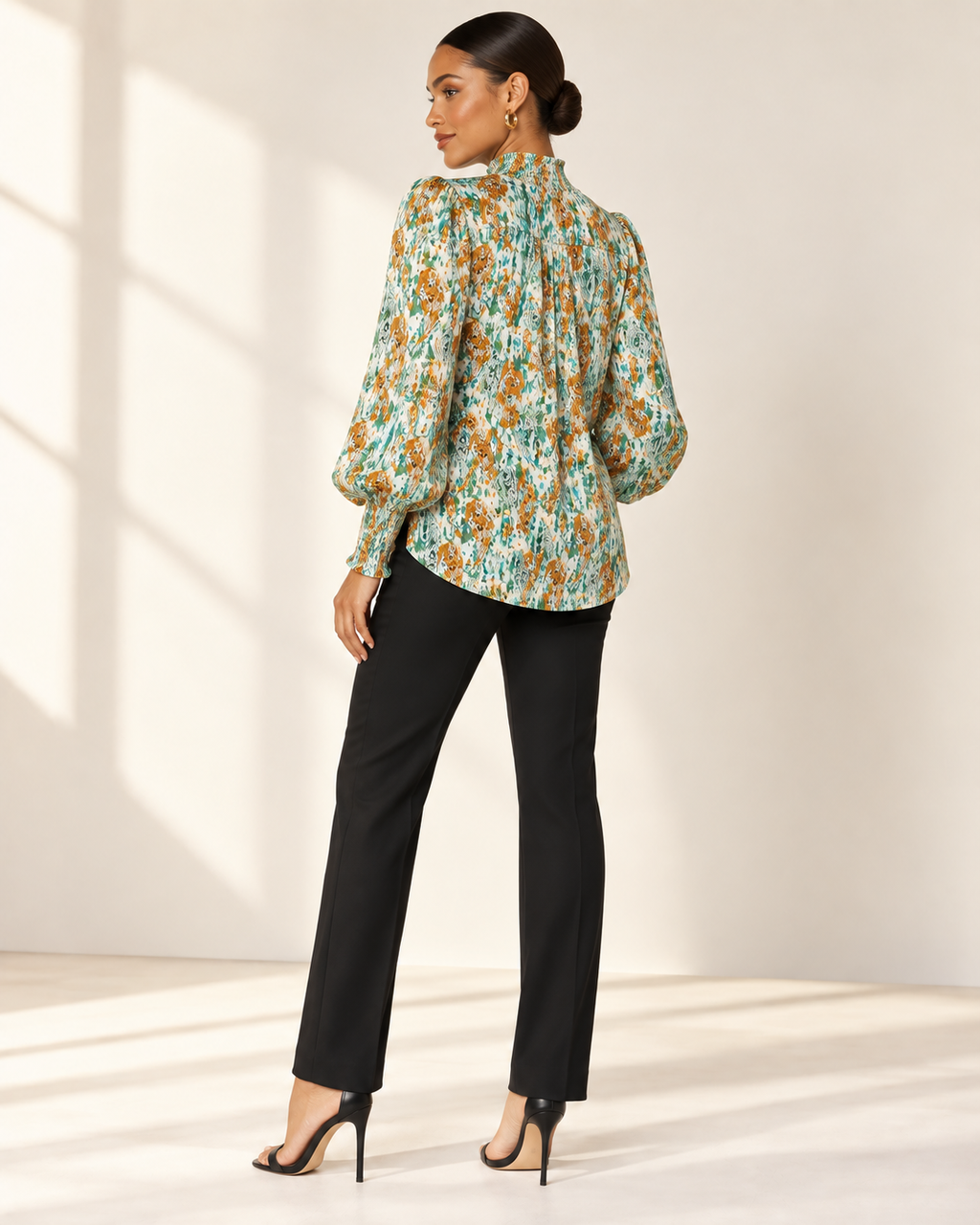 Green blouse on same model, back