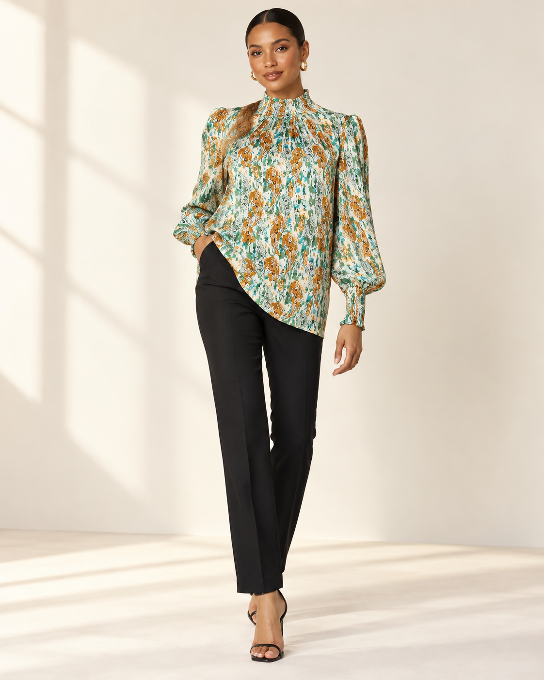 Green blouse on model, front