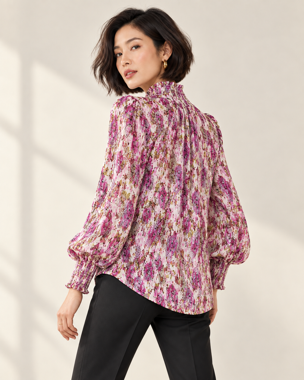 Red-Violet blouse on same model, back