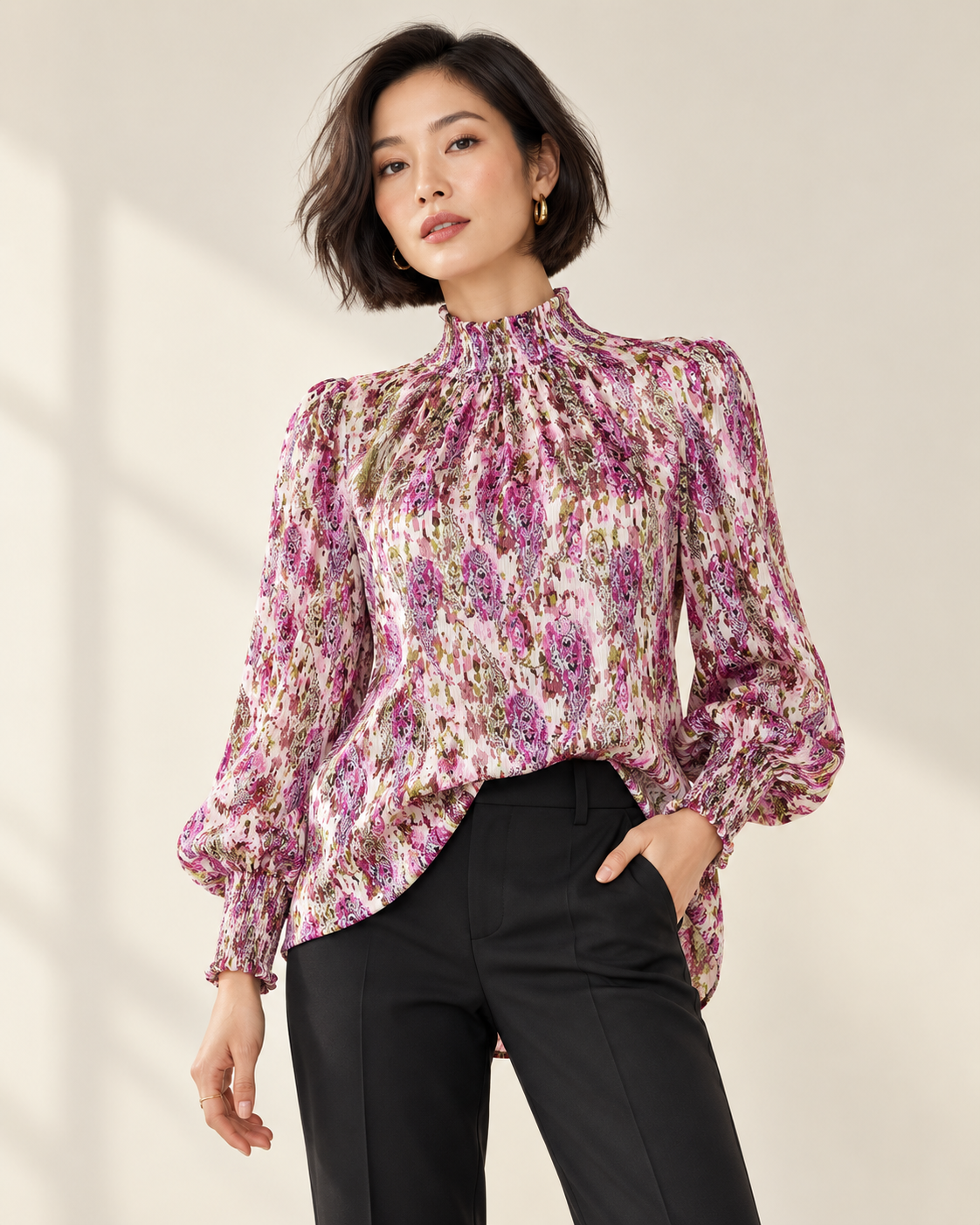 Red-Violet blouse on model, front