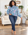 Sky Blue blouse on model, front