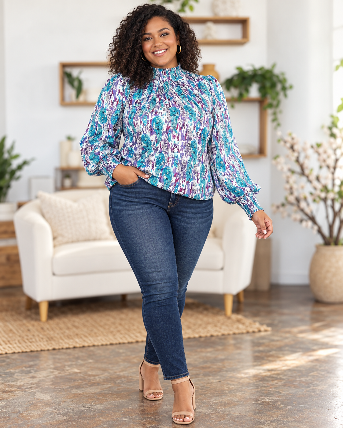 Sky Blue blouse on model, front