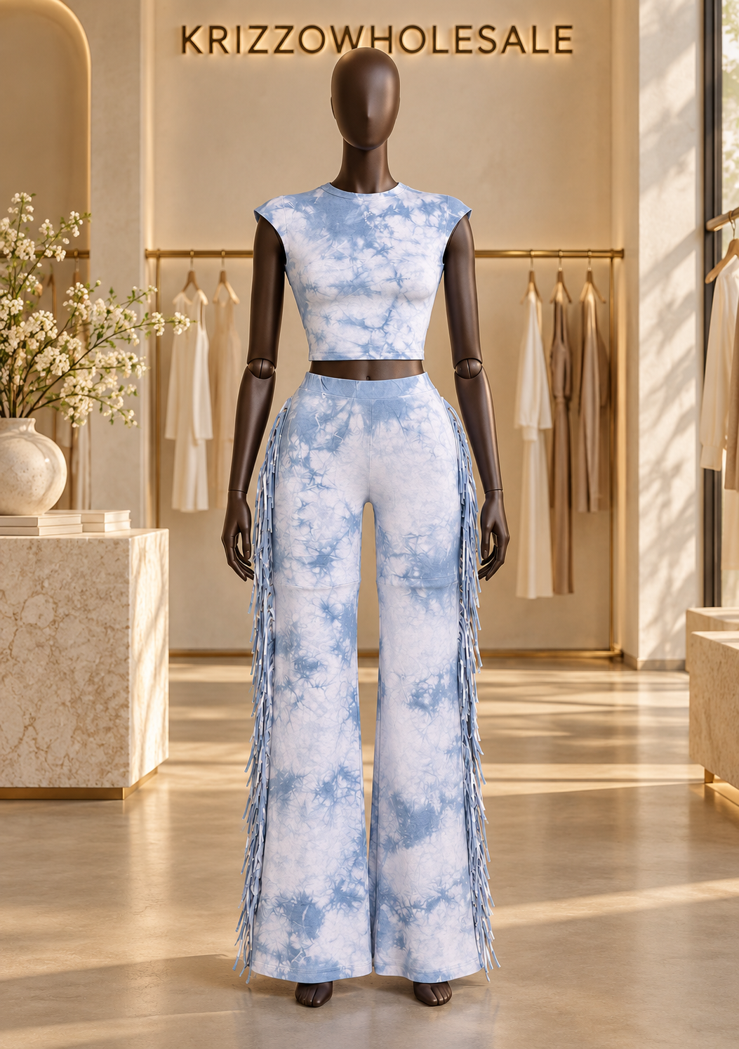Powder blue tie-dye fringe two-piece set on fashion mannequin in Krizzowholesale showroom