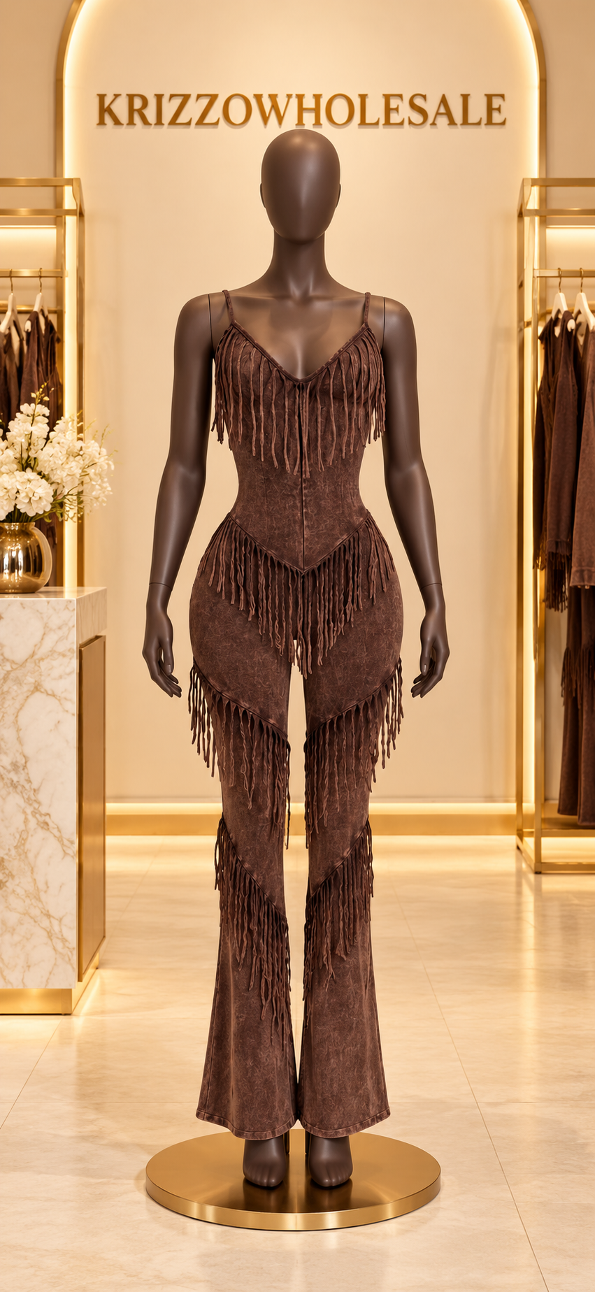 Front view on fashion mannequin in an imagined Krizzowholesale showroom