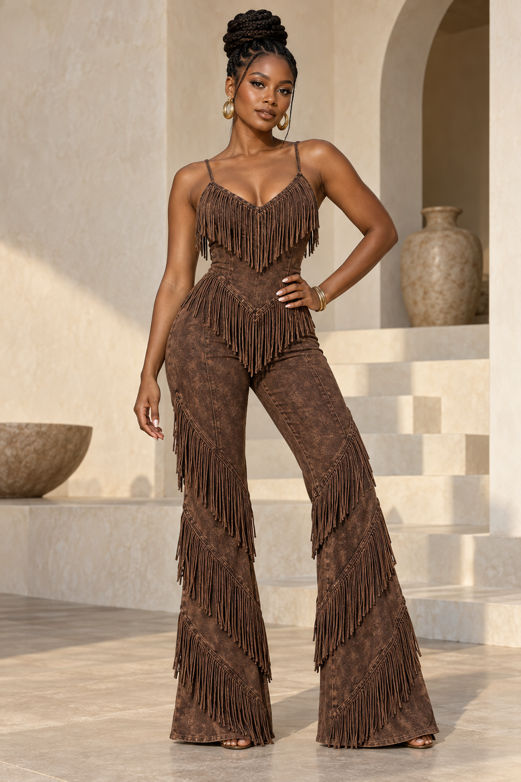 Original virtual model in brown look, full-length editorial styling visualization