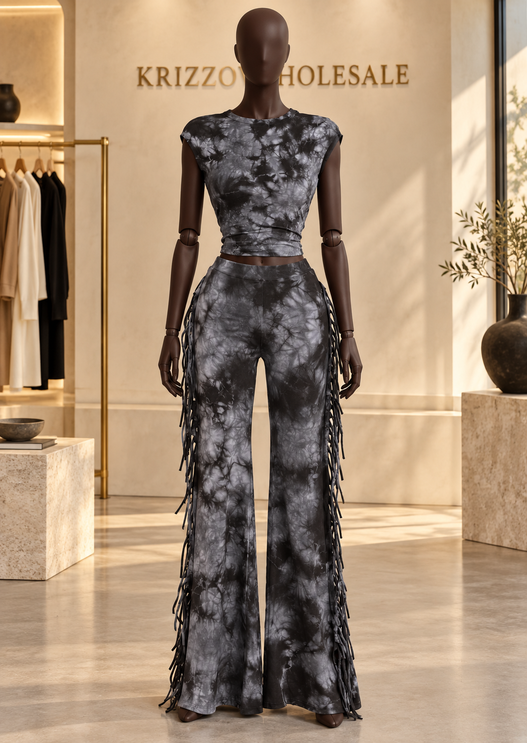 Charcoal tie-dye fringe two-piece set on fashion mannequin in Krizzowholesale showroom