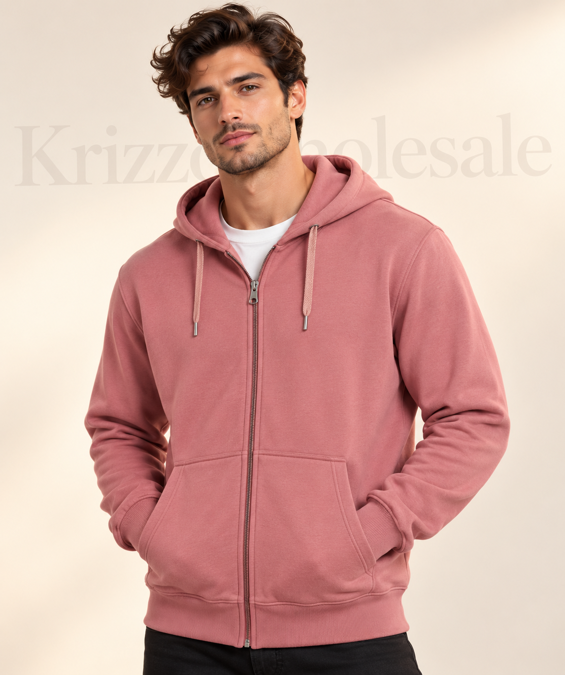 Krizzowholesale zip hoodie Dusty Pink on model
