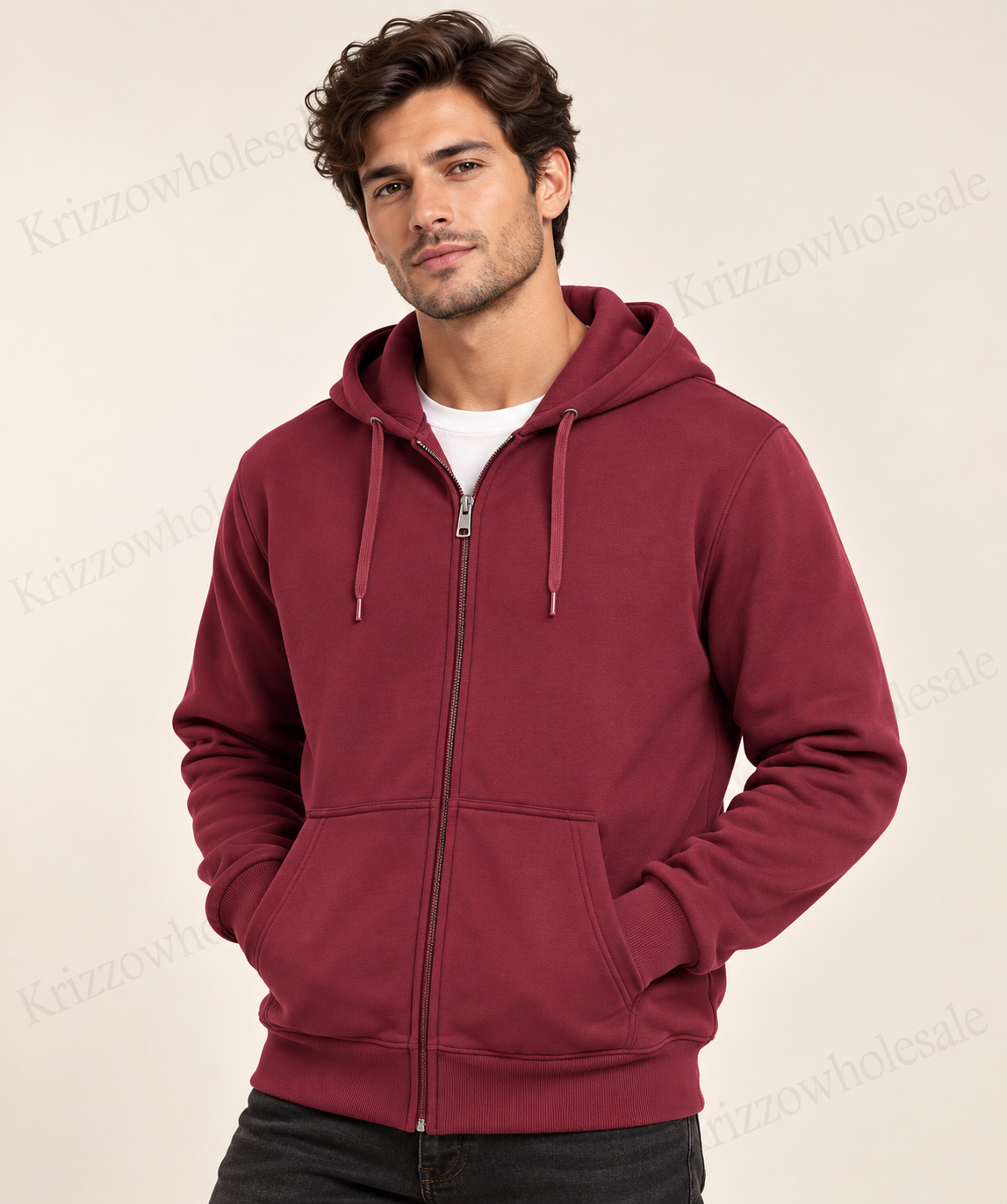 Krizzowholesale zip hoodie Burgundy on model