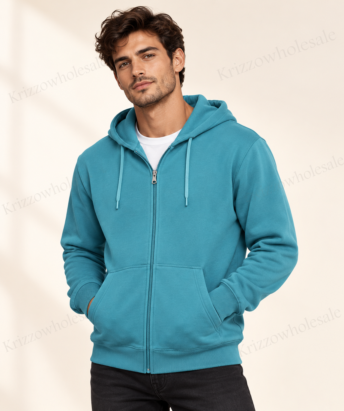 Krizzowholesale zip hoodie Turquoise on model