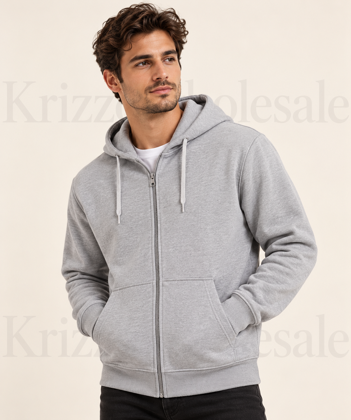 Krizzowholesale zip hoodie Light Gray on model