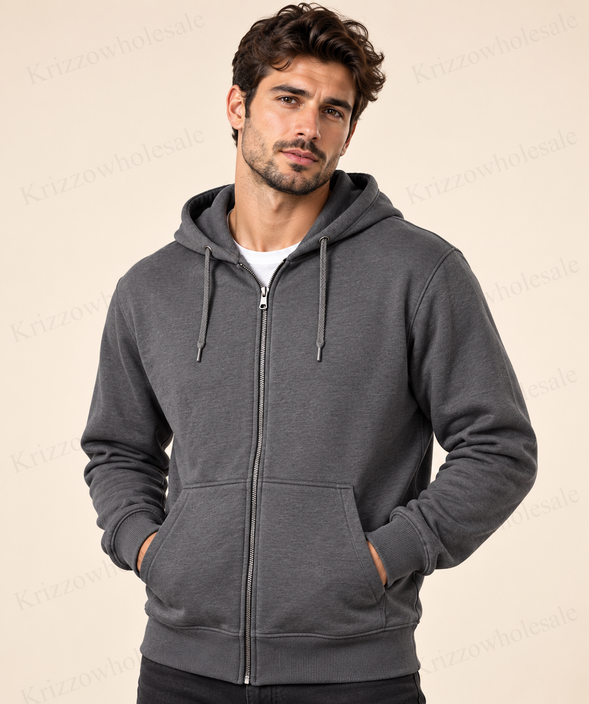 Krizzowholesale zip hoodie Charcoal Gray on model