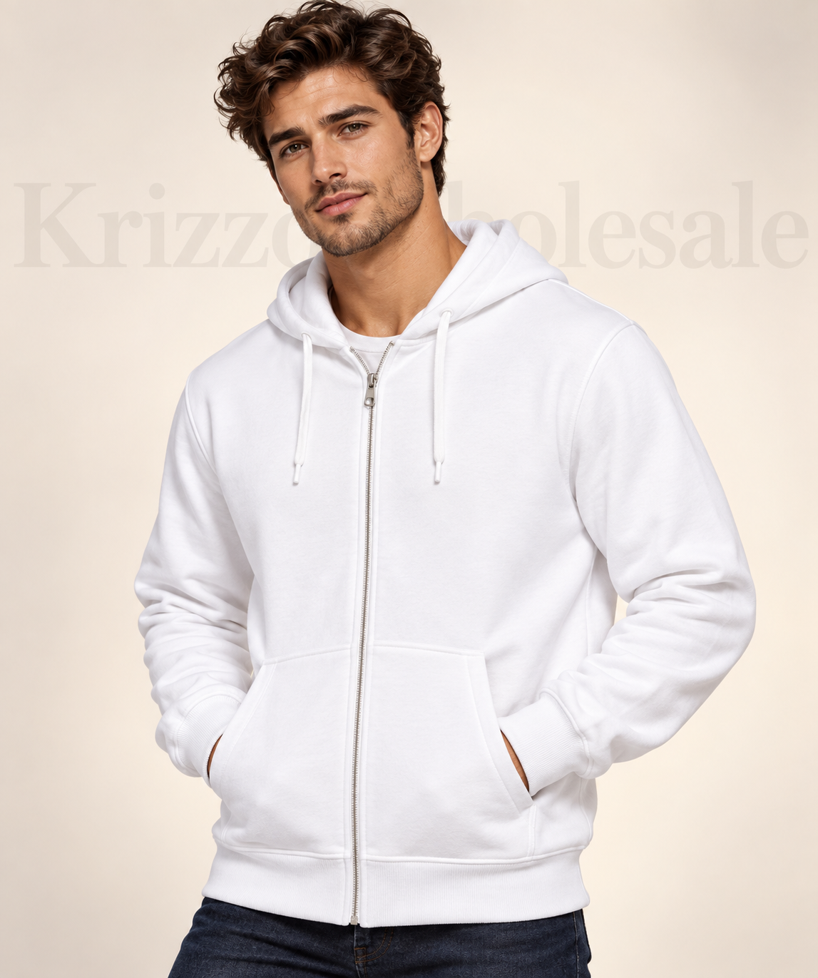 Krizzowholesale zip hoodie White on model