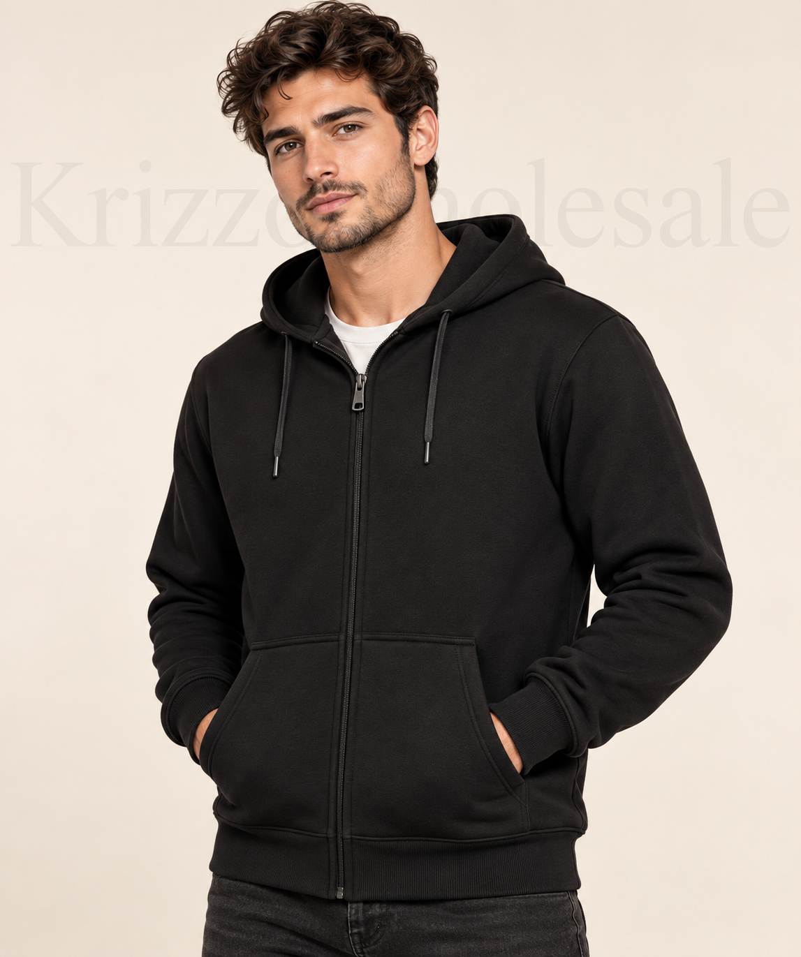 Krizzowholesale zip hoodie Black on model
