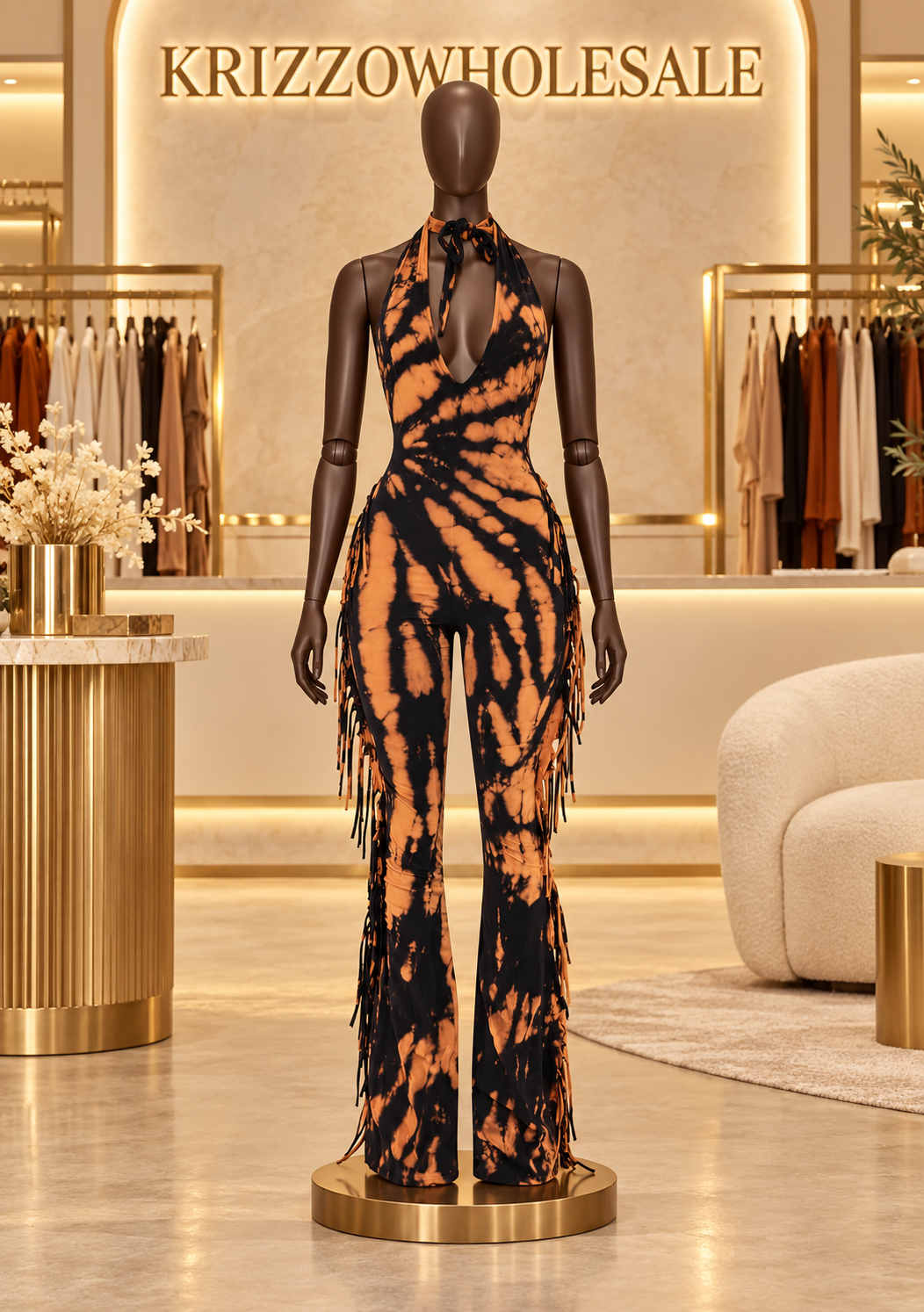 Front view on fashion mannequin in an imagined Krizzowholesale showroom