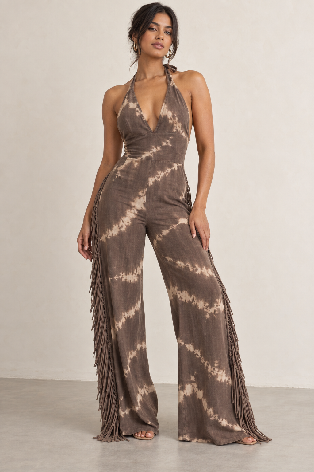 Original virtual model in taupe look, full-length editorial styling visualization
