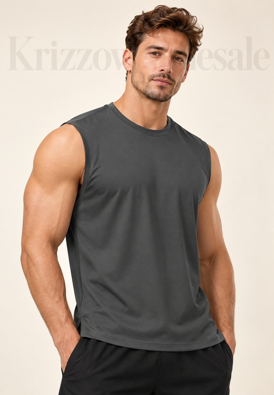Krizzowholesale sleeveless tee Charcoal Gray on model