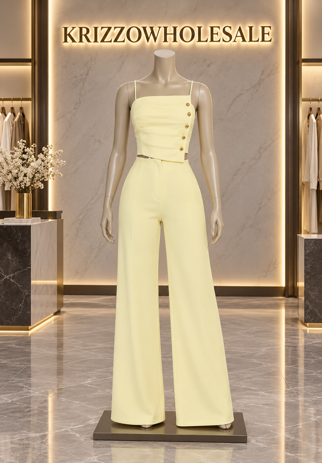 Pale yellow set on branded mannequin