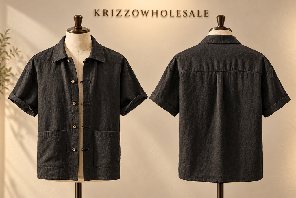 black mannequin — men's linen shirt, front and back on mannequin or styled on model