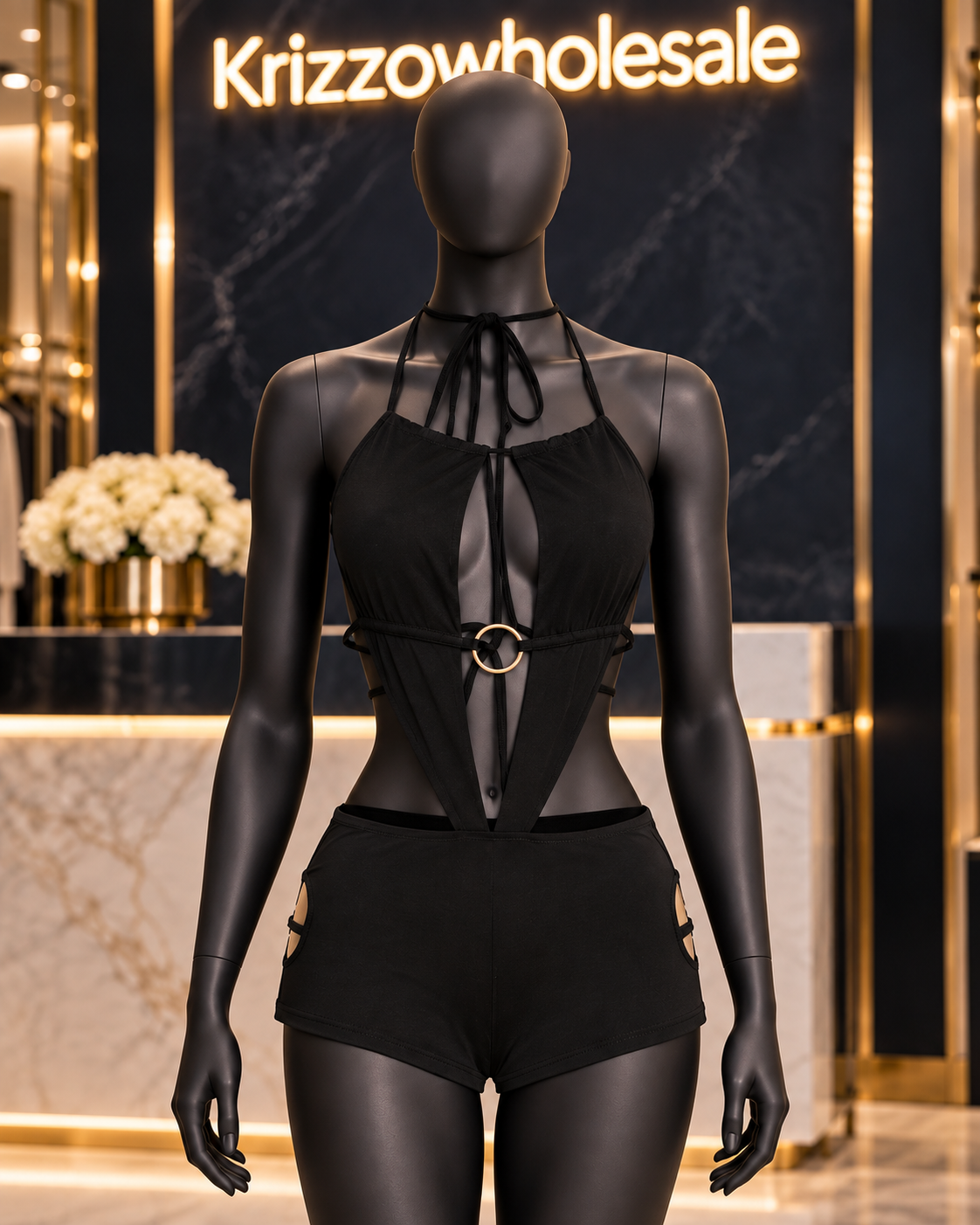 Black ring cutout halter romper detail on Krizzowholesale mannequin