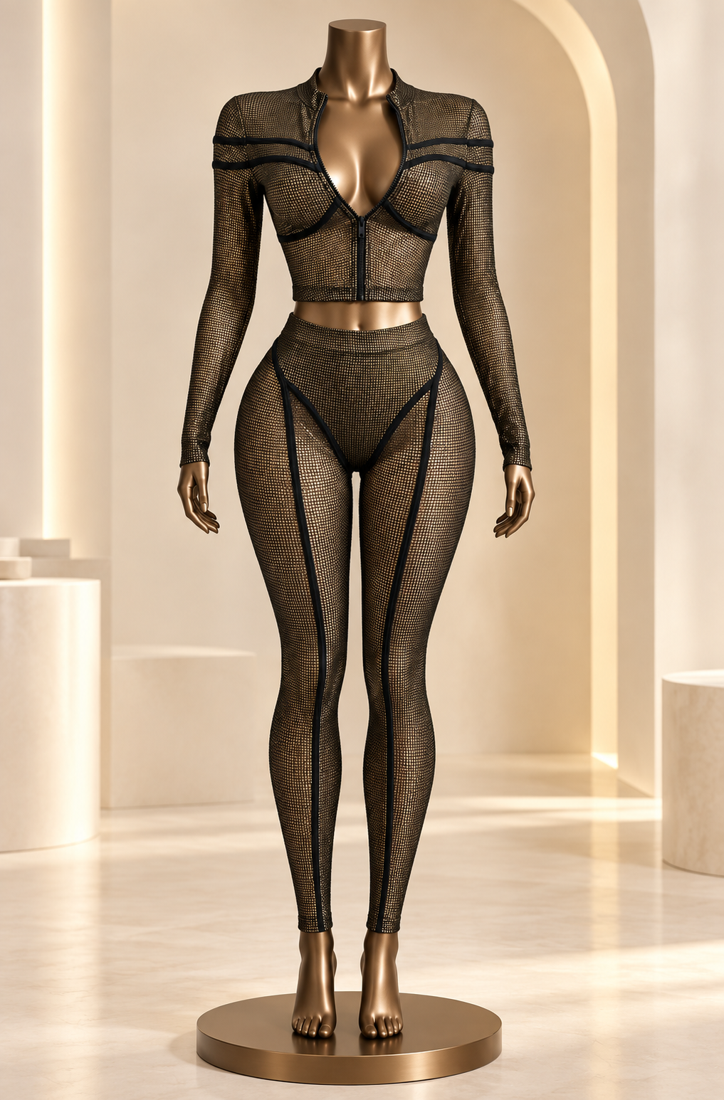 Bronze and black metallic mesh matching set on boutique fashion display