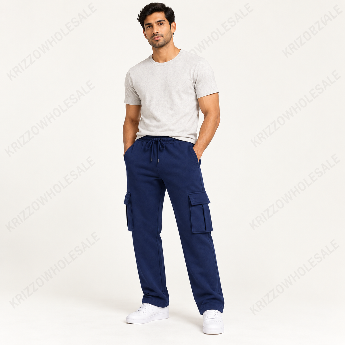 Krizzowholesale men's cargo sweatpants in Navy worn by model