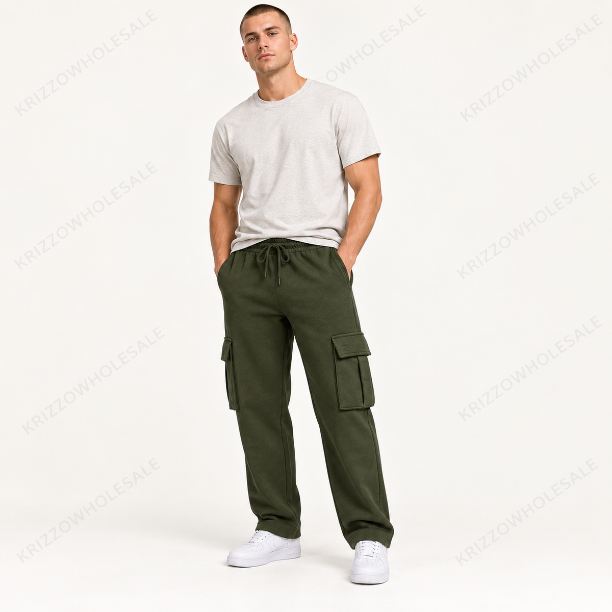 Krizzowholesale men's cargo sweatpants in Olive worn by model