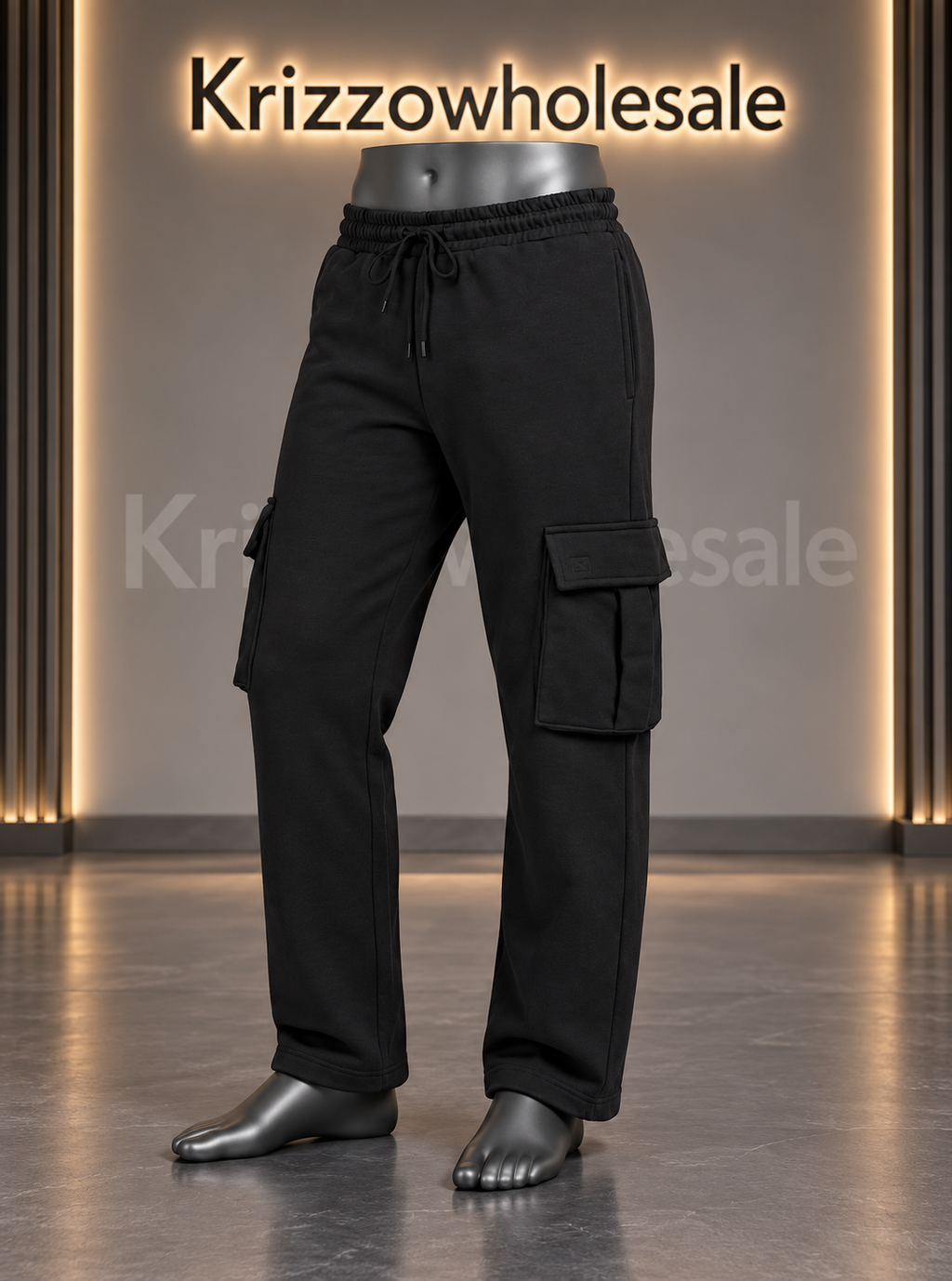 Krizzowholesale Men's Cargo Sweatpants item-focused mannequin in branded studio